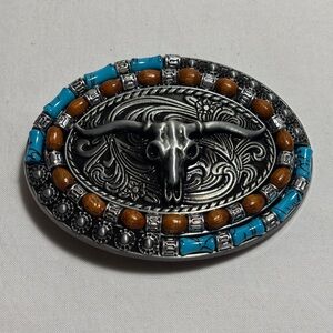 Cowboy Western Belt Buckle Silver Tone Turquoise and Bull Skull Nice Detail